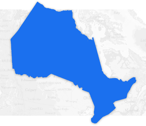 Map highlighting the province of Ontario in bright blue against a light background.